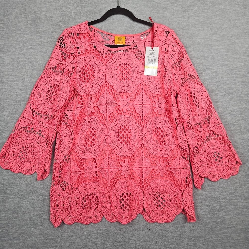 Ruby Rd. Women's Coral Scallop Eyelet Sheath Lining Lace Blouse Size M NEW